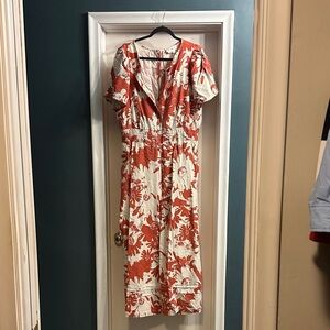 Anthropologie Red and Cream Floral Jumpsuit